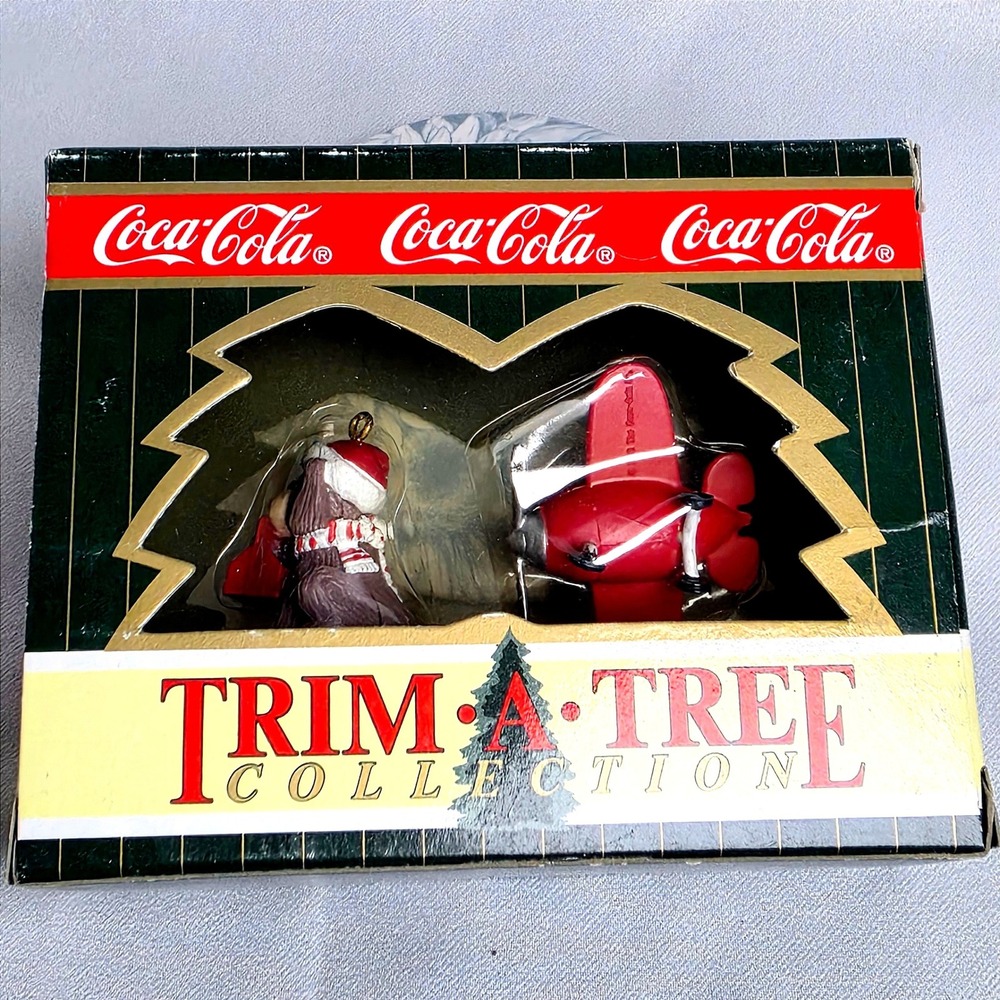 Vintage 1996 Coca-Cola Trim-A-Tree Ornament Set Airplane & Bear Cavanagh Group